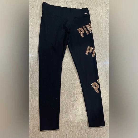 VS Pink Black Leggings with Gold Bling Sequin 'PINK'